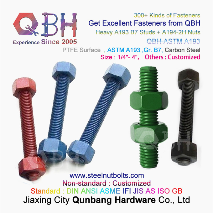 QBH PTFE 1070 Merah/Biru/Hitam/Hijau Dilapisi 1/4 "-4" ASTM A193 B7 Batang Berulir Stud Baut dengan A194-2H Berat Hex Nut 3