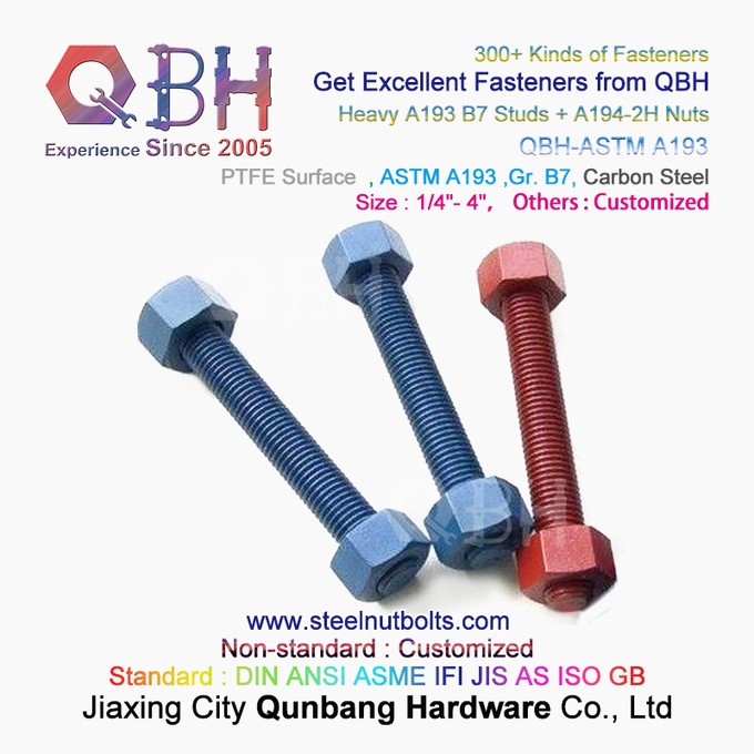 QBH PTFE 1070 Merah/Biru/Hitam/Hijau Dilapisi 1/4 "-4" ASTM A193 B7 Batang Berulir Stud Baut dengan A194-2H Berat Hex Nut 2