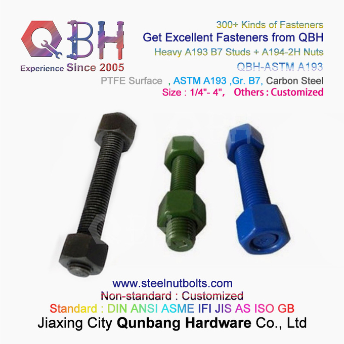 QBH PTFE 1070 Merah/Biru/Hitam/Hijau Dilapisi 1/4 "-4" ASTM A193 B7 Batang Berulir Stud Baut dengan A194-2H Berat Hex Nut 0