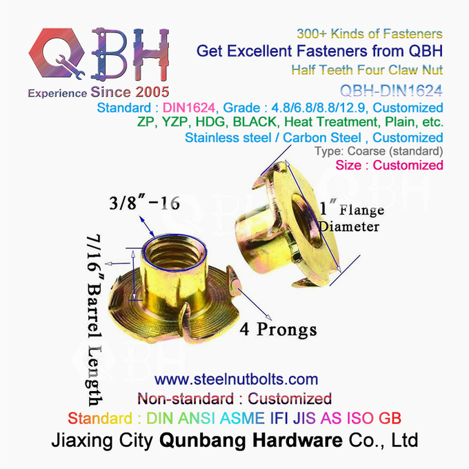 Qbh M4-M10 DIN 1624 Yellow Zinc Coated Carbon Steel Tee Nuts Dengan Pronge 3