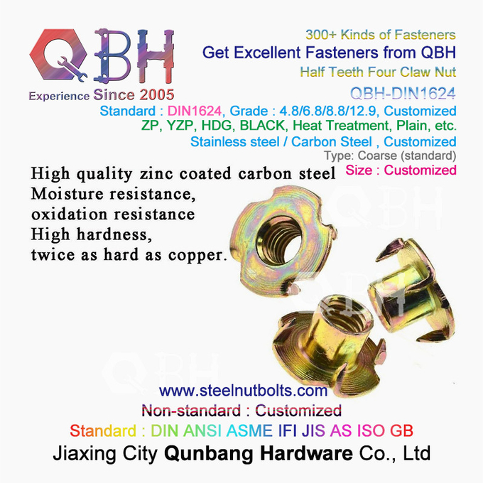 Qbh M4-M10 DIN 1624 Yellow Zinc Coated Carbon Steel Tee Nuts Dengan Pronge 4