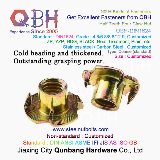 Qbh M4-M10 DIN 1624 Yellow Zinc Coated Carbon Steel Tee Nuts Dengan Pronge 5
